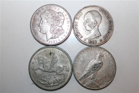 1921 US dollar, 1928 US dollar, 1891 Spanish  5 pesetas and a 1935 crown